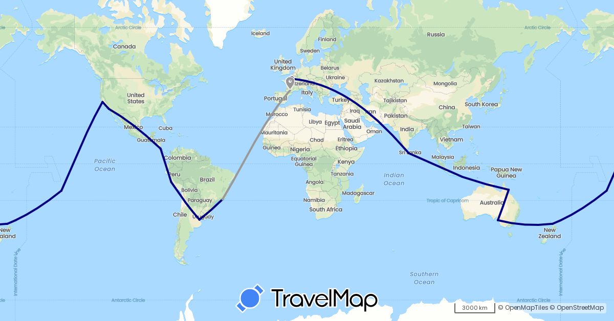 TravelMap itinerary: driving, plane in Argentina, Australia, Brazil, Costa Rica, France, Indonesia, Sri Lanka, New Zealand, Peru, United States (Asia, Europe, North America, Oceania, South America)